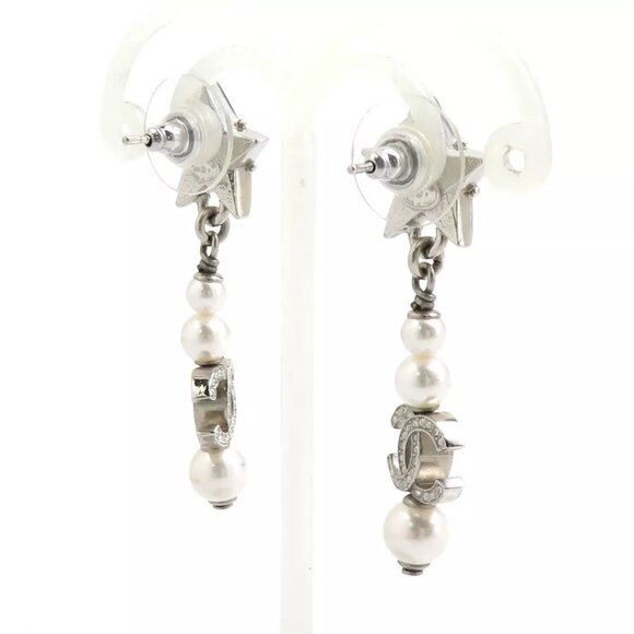 Auth CHANEL CC Logo Star Pierce Earrings Silver/White Metal/Faux Pearl - 55860i - Picture 14 of 14